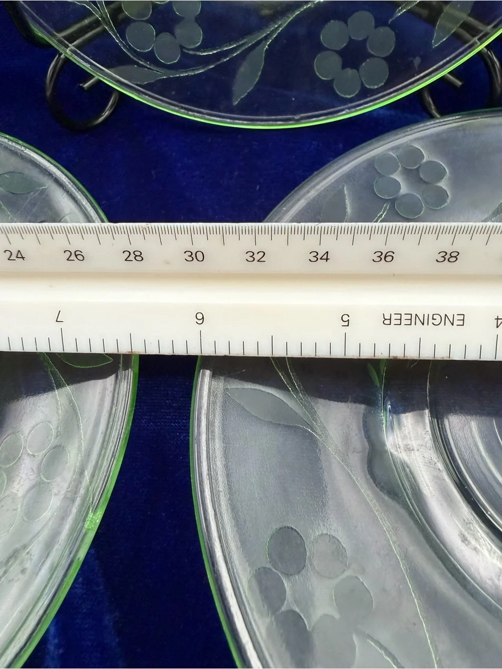Vintage Floral Uranium Glass Dessert Plates - Green Set of 3
